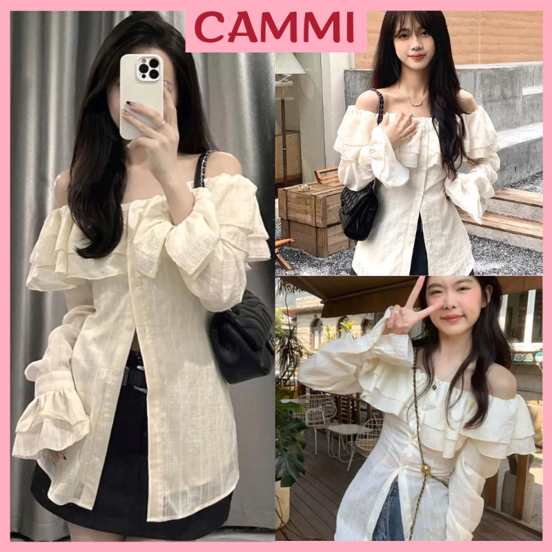 Áo sơ mi nữ kiểu trễ vai tay bồng dài phối bèo tiểu thư hàn quốc cao cấp,áo trễ vai SA320