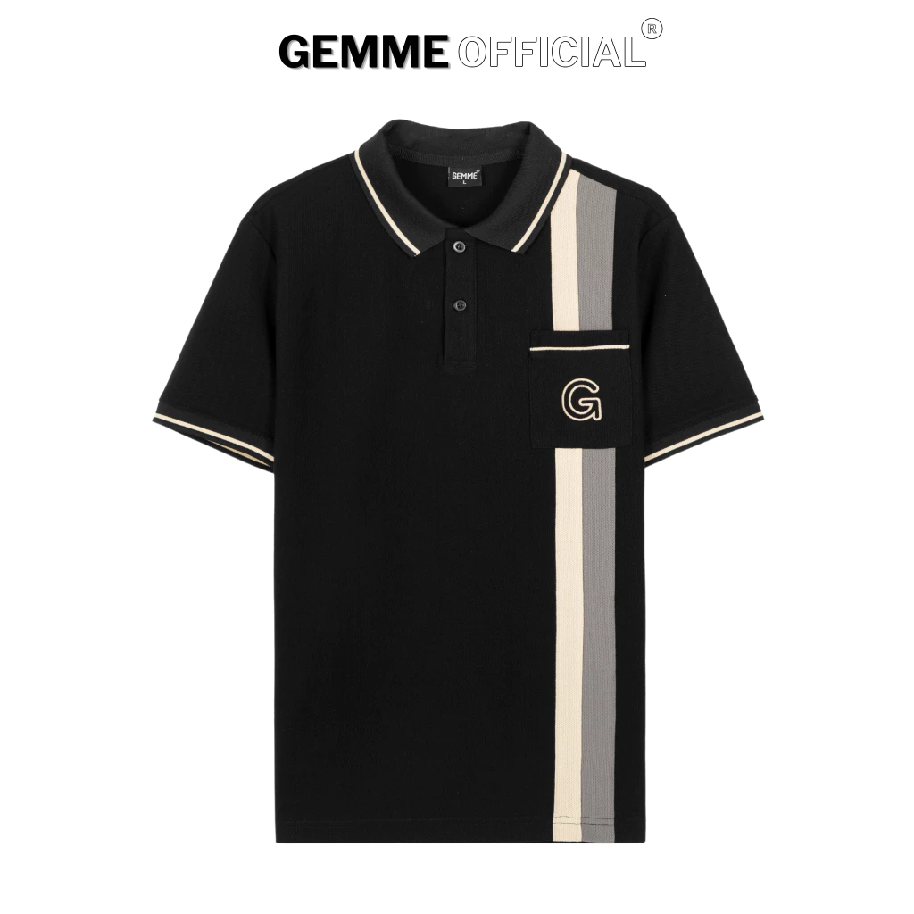 Áo thun polo nam cotton đen hai sọc túi G big size GEMME MEN 55 - 150kg, chuẩn form, sang trọng, thanh lịch, Big Size