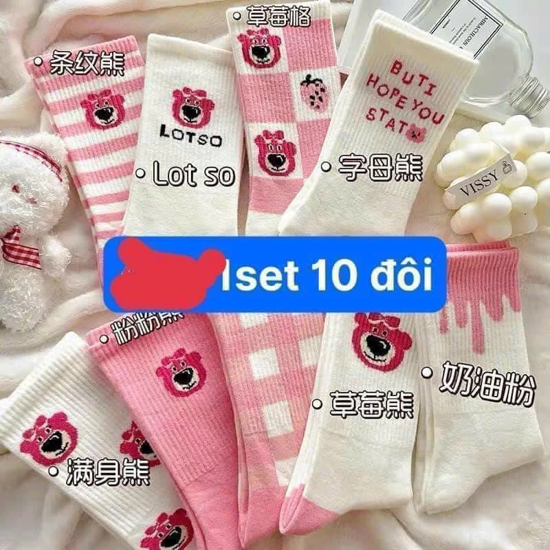 Combo 10 đôi tất vớ nữ cổ cao hình gấu kute tặng kèm túi rút loại dày, chất mềm
