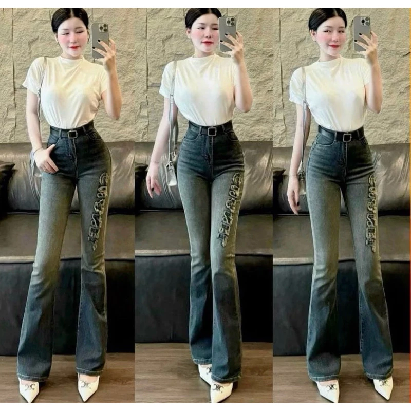 Quần loe lưng cao thêu chữ đùi loang màu chất jeans mềm co dãn 4 chiều chuẩn phom
