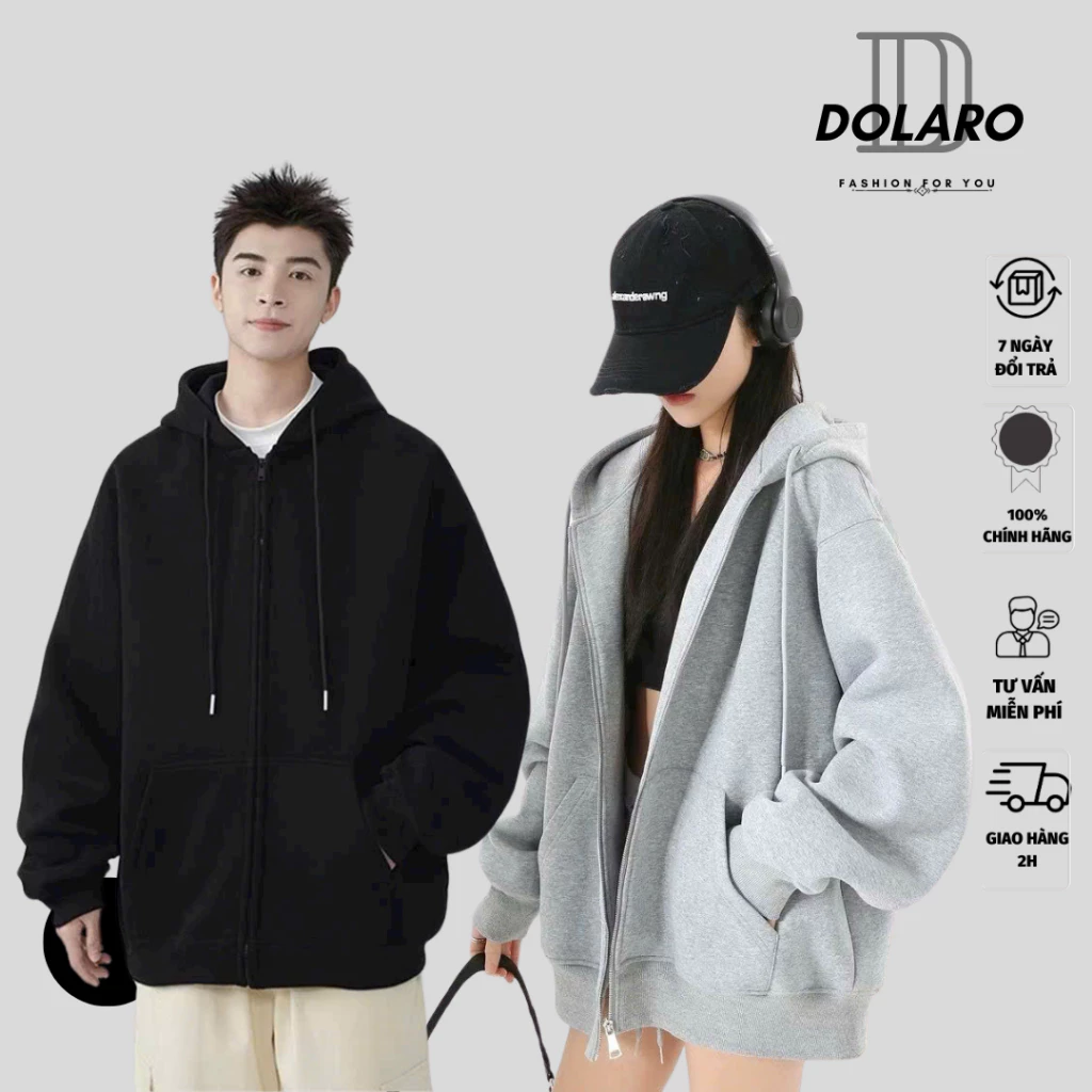 Áo Khoác Nỉ Zip Hoodie DOLARO Chất Nỉ Ngoại Cao Cấp Dày Dặn, Áo Khoác Thu Đông Trơn Basic Unisex Che Nắng Giữ Ấm