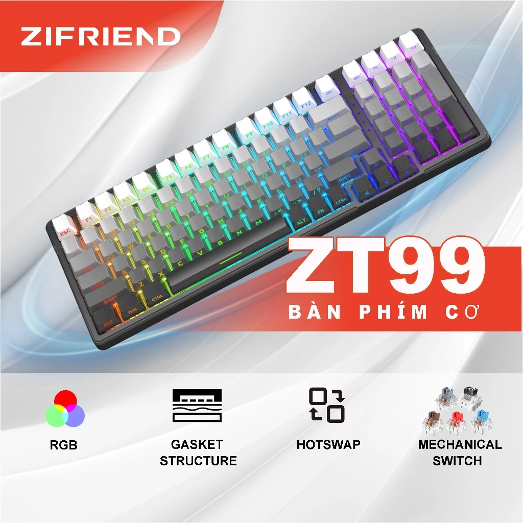Bàn phím cơ ZIFRIEND ZT99 Bàn phím game văn phòng Gasket custom 5 lớp, Hotswap, 99 phím, RGB