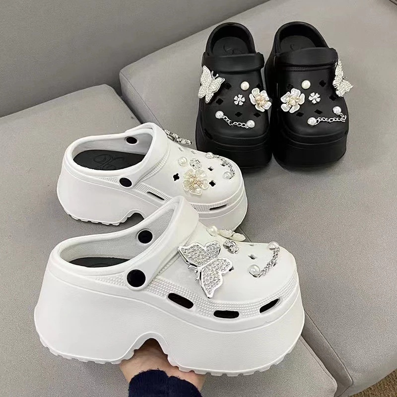 Dép sục nữ đế cao 8cm đính charm đá sang chảnh, giày dép sục nữ đế độn tăng chiều cao đi êm chống trơn