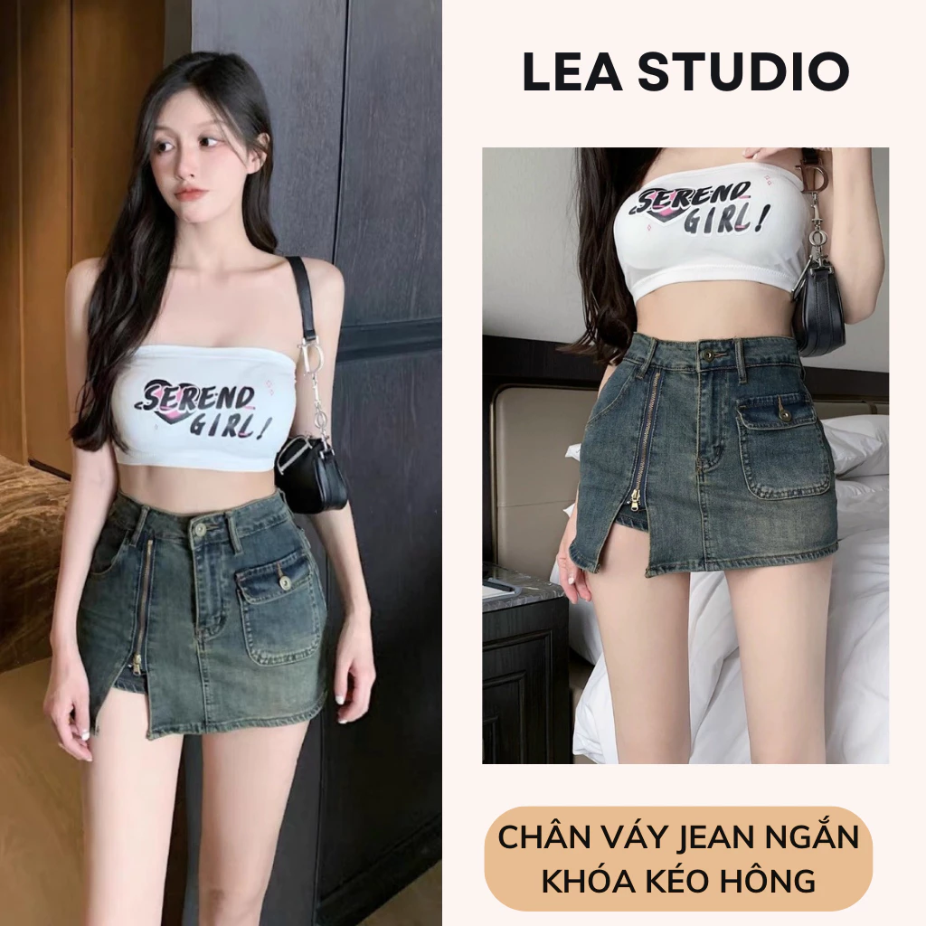 Chân váy jean ngắn lưng cao  thiết kế khóa kéo hông túi nắp màu xanh Retro thời trang - Lea.studio