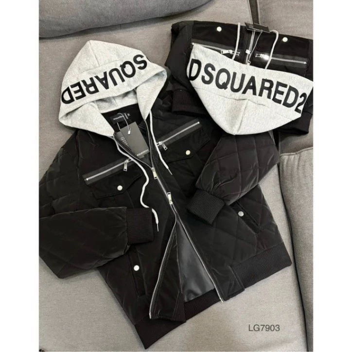 Áo Khoác Phao DSQ2 Nhung Nam Nữ Mặc Siêu Ấm Pha Mũ Nỉ Thêu Chữ Dsquared Chất Phao Nhung Lì 2 Lớp Lót Bông Trong Siêu Ấm