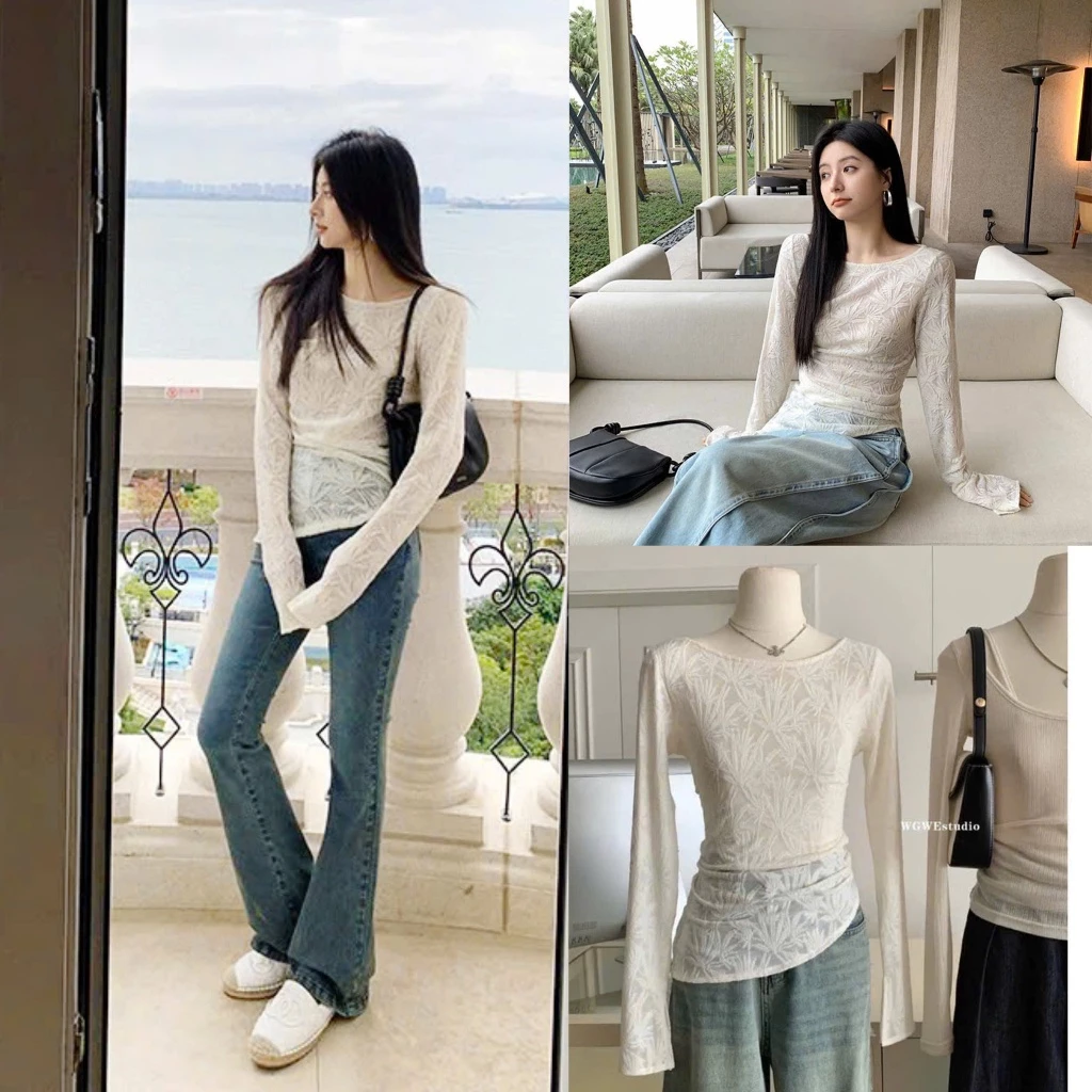 (HÀNG LOẠI 1) Áo Thun Ren Hoa Ôm Vạt Chéo Dài Tay Loe Nhún Eo Tôn Dáng LISA TOP
