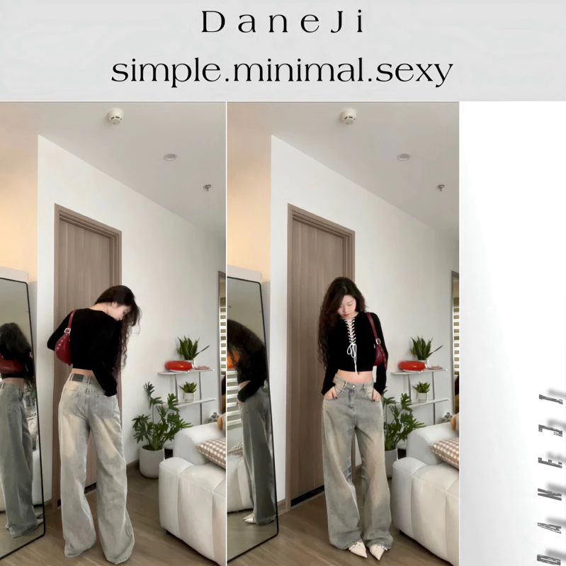 [ 𝐋𝐀𝐃𝐘 𝐅𝐈𝐓 ] Set áo buột dây slimfit - quần jeans xanh nhạt khói form rộng suông phong cách thanh lịch, sexy