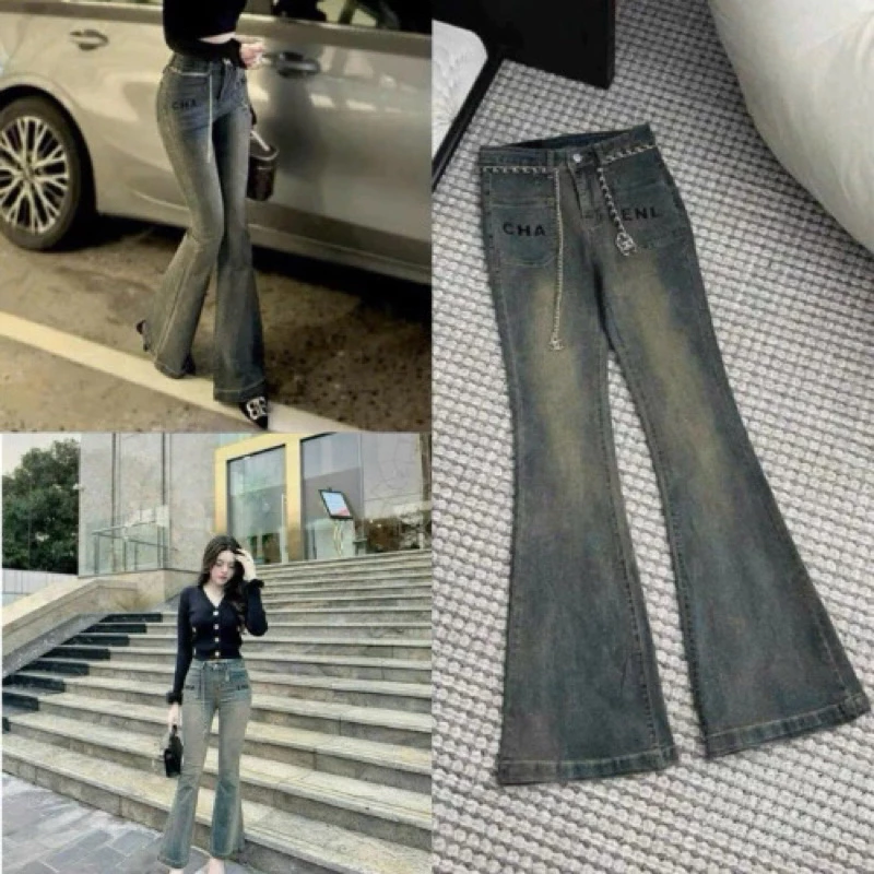 Quần jeans ống loe túi vuông kèm đai xích thêu hoạ tiết lưng cao chất bò dãn dày mịn