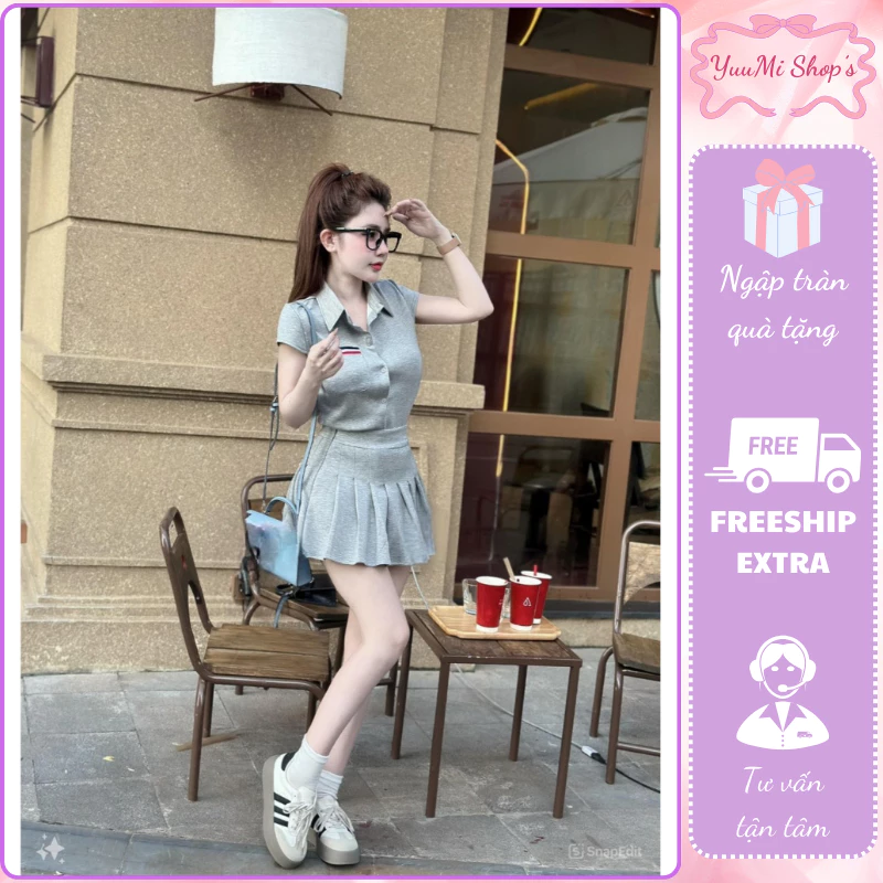 Set đồ nữ,đồ bộ nữ áo sơ mi tay ngắn túi ngực mix chân váy xếp ly cạp chun chất thun mềm siêu mát HCOM2644 YuuMi Style
