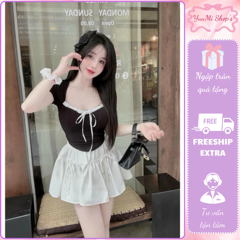 Set đồ nữ áo thun zip thiết kế cổ viền ren đính nơ phối chân váy ngắn HCOM2459,đồ bộ nữ phong cách tiểu thư YuuMi Style