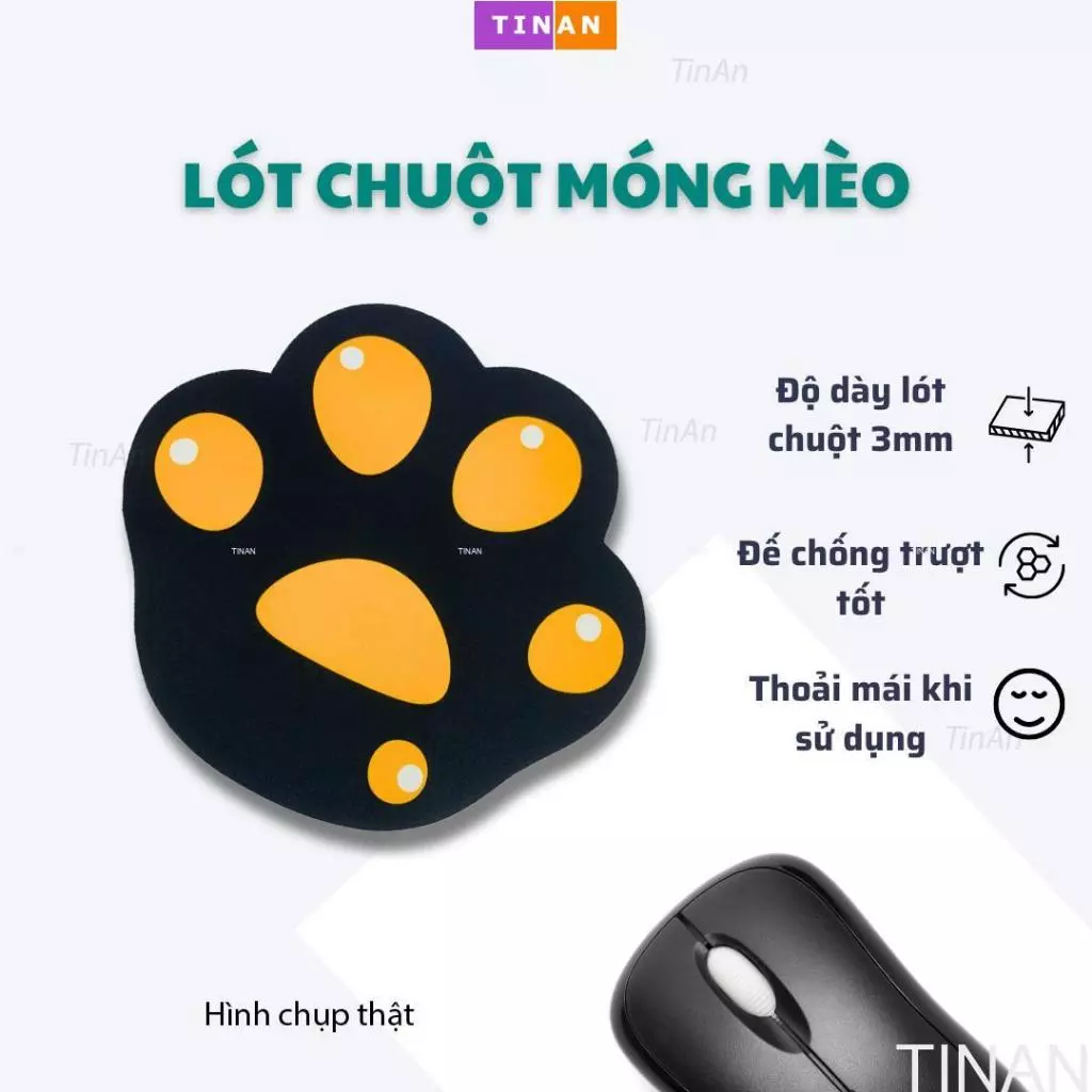 TINAN Lót Chuột Hình Bàn Chân Mèo 3mm – Miếng Lót Chuột Cute, Đế Chống Trượt, Êm Ái