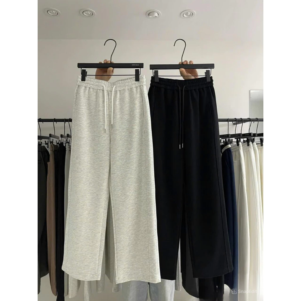 Quần Nỉ Ống Rộng  2 Sọc Gân vải nỉ dày dặn mềm mịn co dãn form suông rộng basic màu đen xám nam nữ dễ mặc dễ phối đ