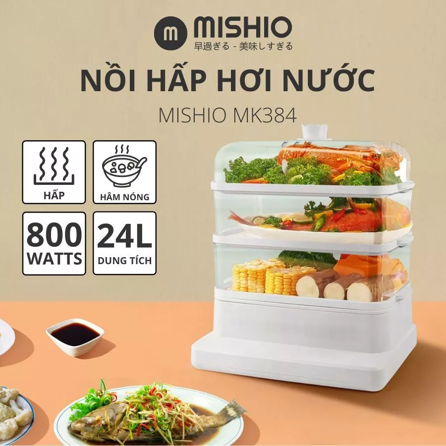 Nồi Hấp Bằng Điện 3 Tầng 24L Mishio MK384, Nồi Hấp Điện Bằng Hơi Nước 3 Tầng, Công Suất 800W