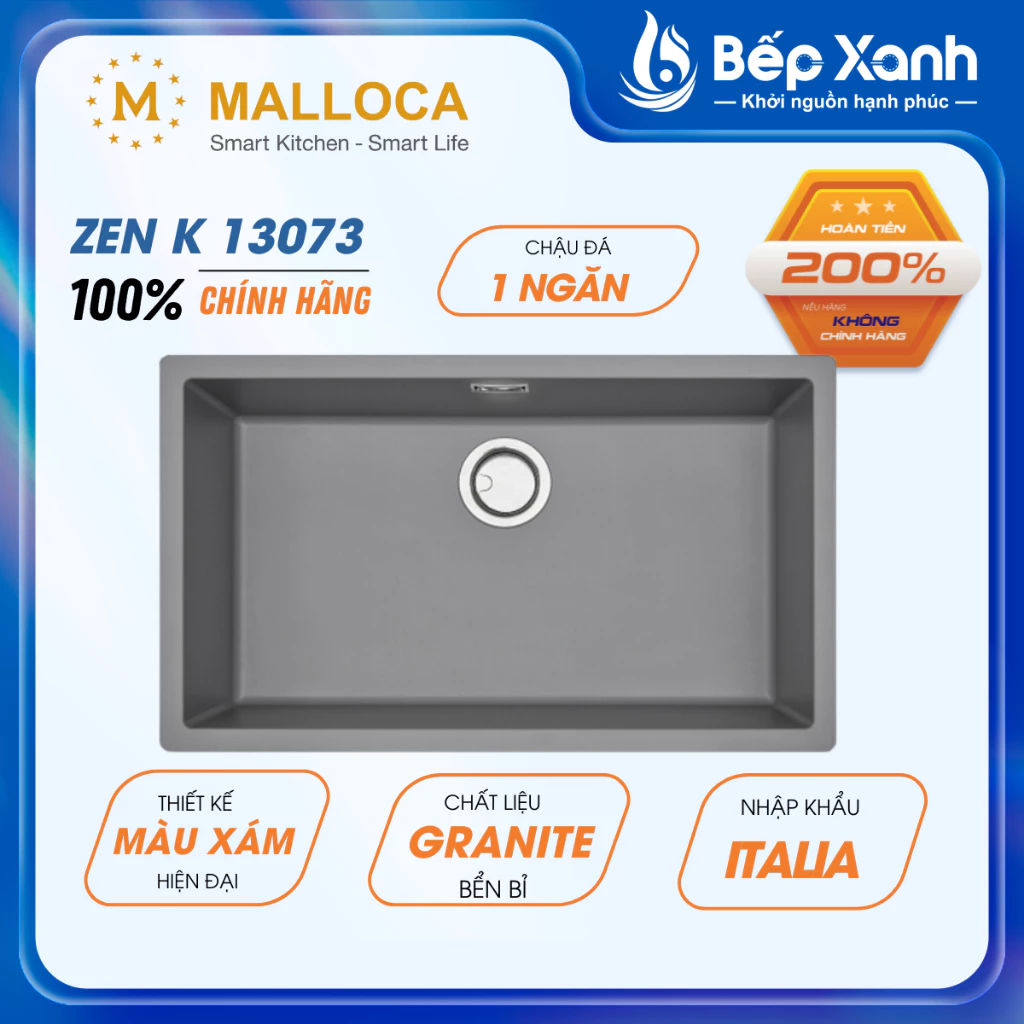 Chậu Rửa Chén Đá Malloca ZEN K-13073 (Xám) - Ngang 75.6cm - Lắp Nổi/Lắp Âm
