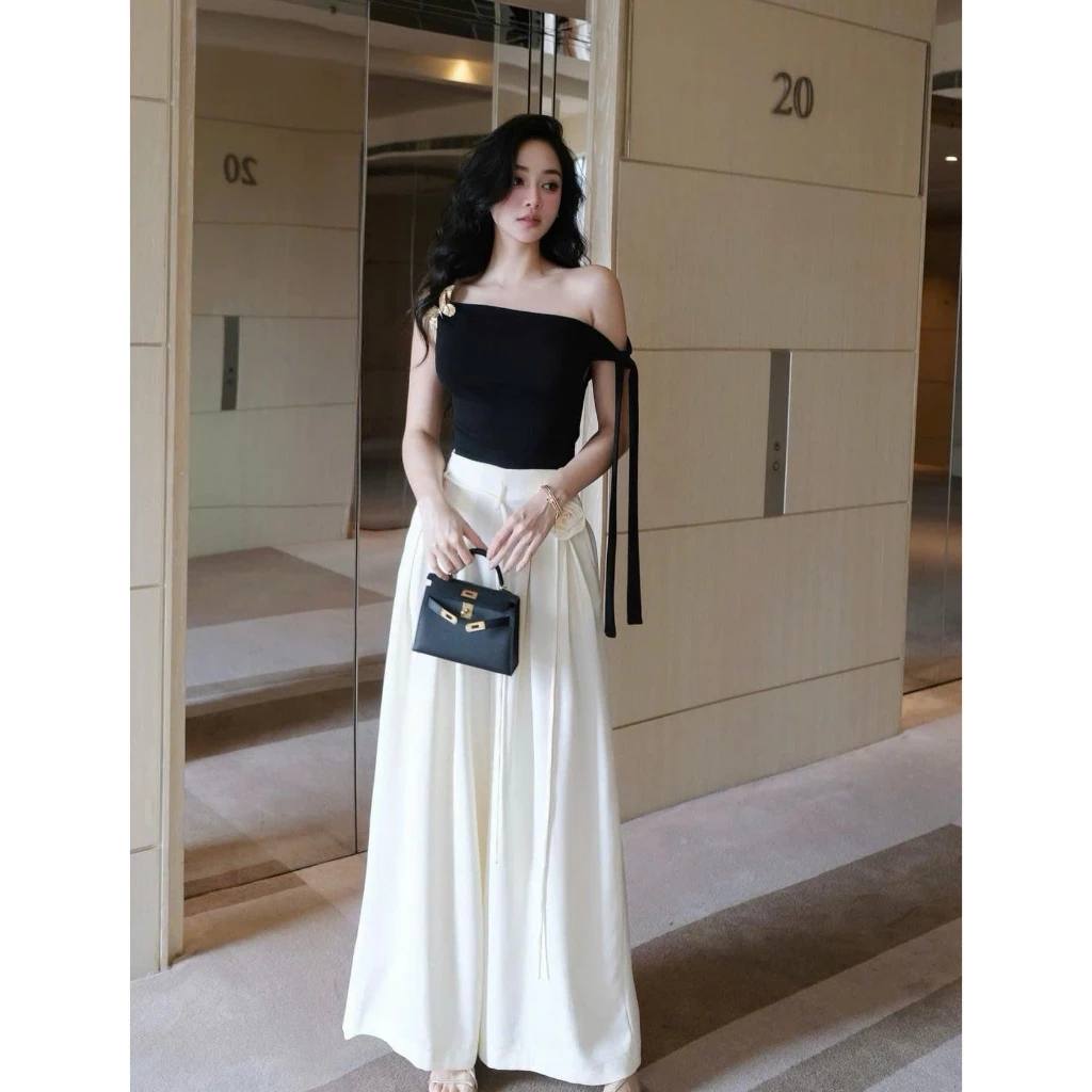 QUẦN BASIC 05 - Quần ống rộng xếp ly hợp, chất chéo hàn-  có đĩa, size XS S M L ( KÈM DÂY HOA ) NỮ WOMEN PANTS