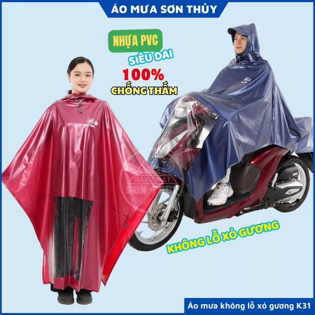 Áo mưa choàng 1 mũ chất liệu mới, nhựa PVC siêu dai, bền bỉ, không lỗ xỏ gương K31 Sơn Thủy ST2