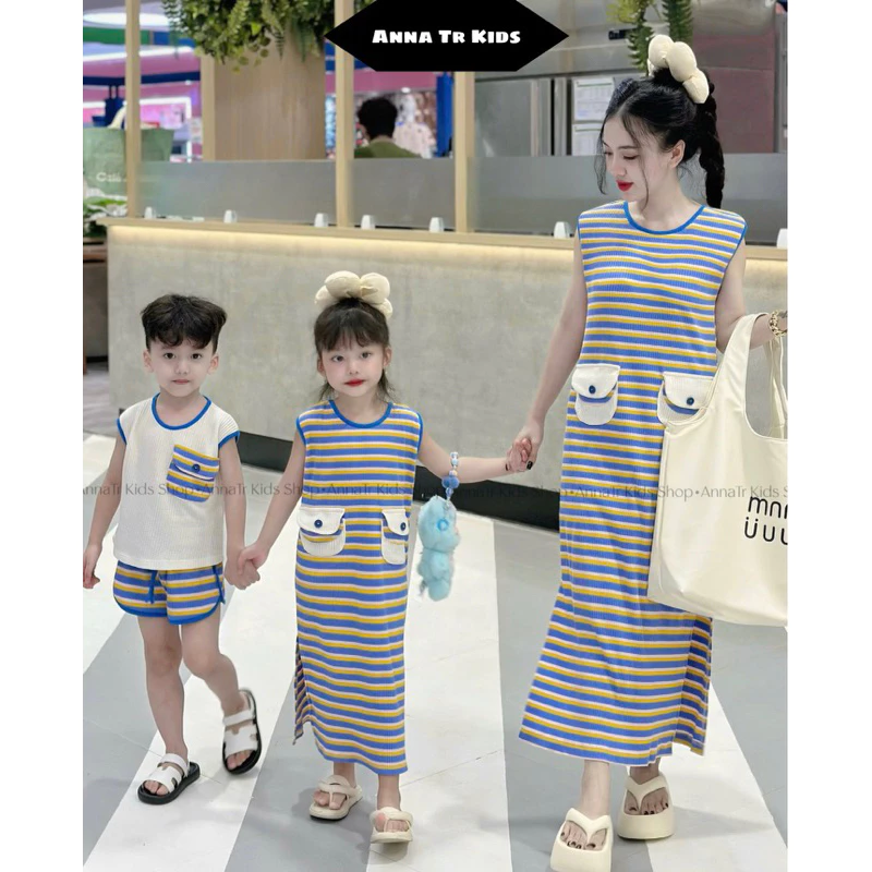 (Ảnh Thật )[10Kg -35Kg][45-60Kg] Set bộ quần áo / đầm suông đồ đôi kẻ sọc ngang đắp túi Bé Trai Bé Gái Gia Đình