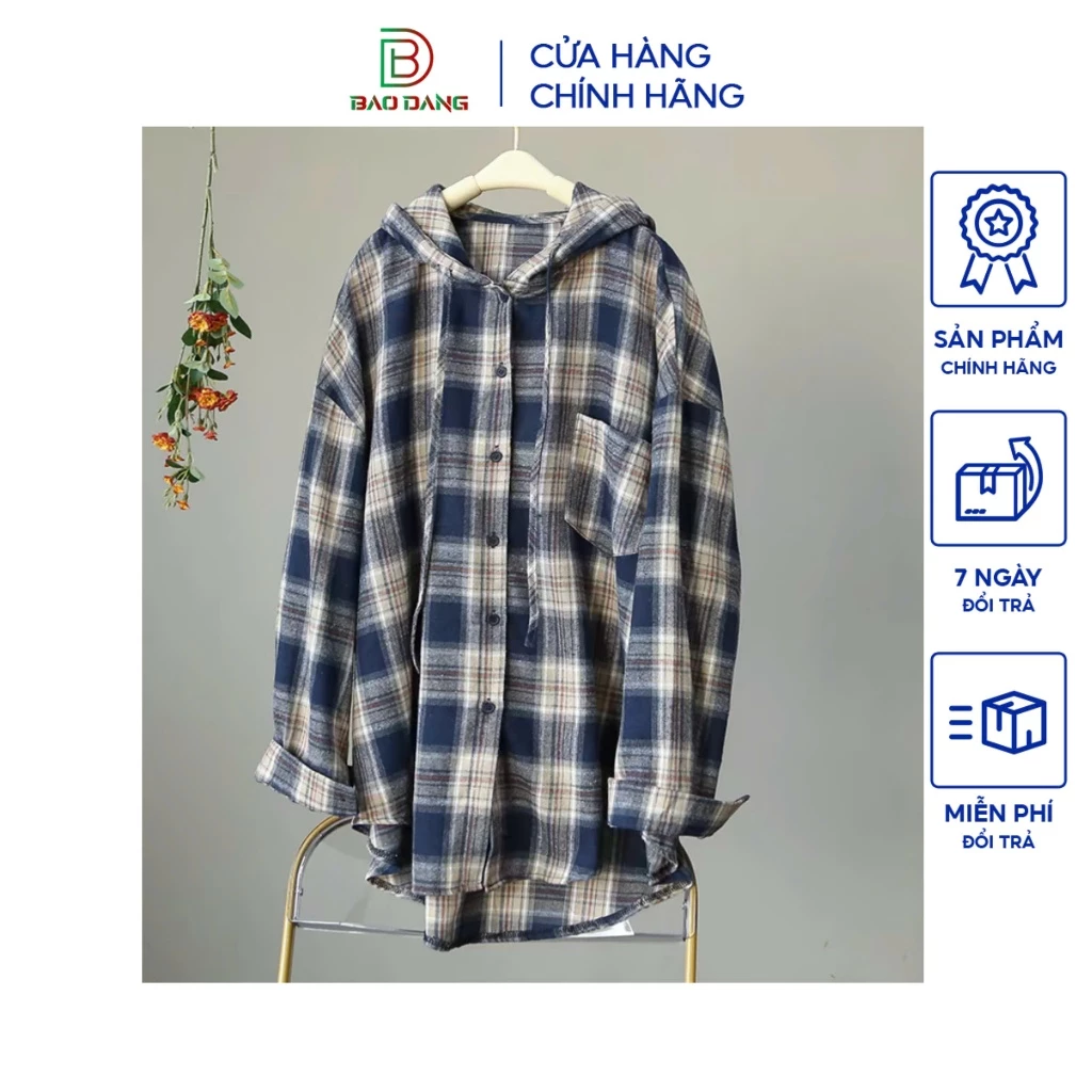 Áo khoác sơ mi vải kate nỉ thân áo 1 lớp nón 2 lớp mỏng nhẹ from dài vạt bầu sọc caro che nắng cách nhiệt tốt Bảo Đăng.