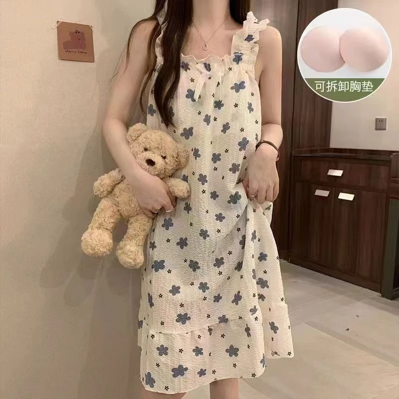 Váy ngủ cho nữ váy mặc nhà có đệm ngực chất đũi cho mùa hè phong cách ngọt ngào dễ thương