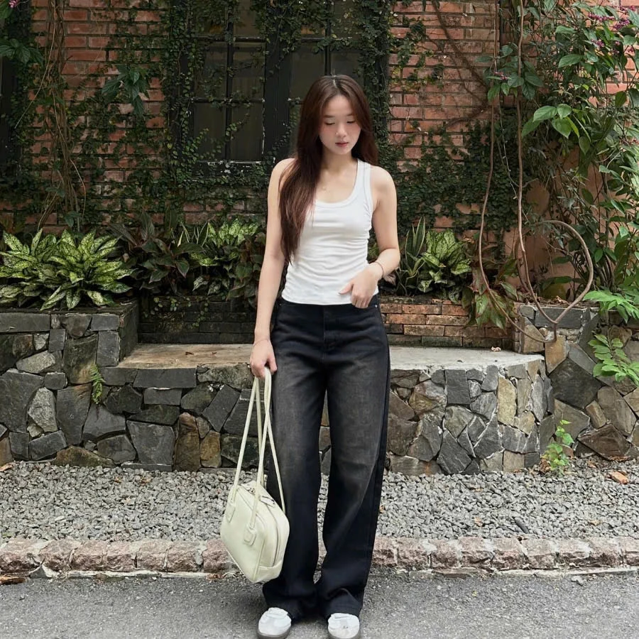 Quần Jeans Nữ Suông Trơn Ống Rộng Màu Đen Xám Lưng Cao, Quần ống suông hot trend chất lượng