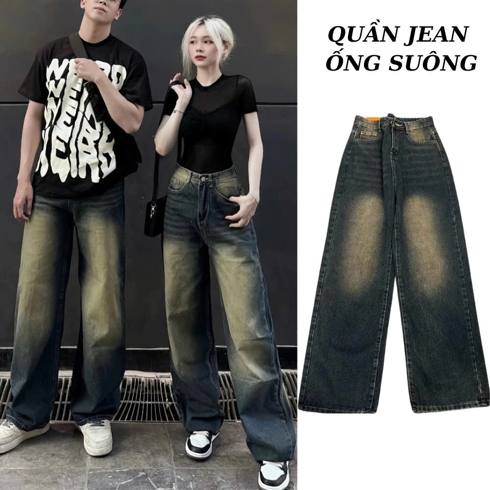 Quần Jeans Nữ Ống Rộng cạp cao màu RETRO phong cách Hàn Quốc