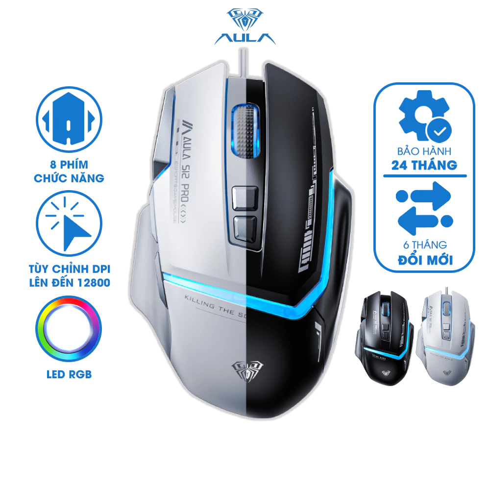 Chuột Gaming Có Dây AULA S12 PRO DPI 12800 Led RGB 8 Phím Chức Năng 1000Hz Chơi Game Chính Hãng