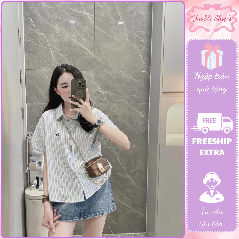 Áo sơ mi nữ cộc tay thiết kế đơn giản họa tiết kẻ sọc phối màu thêu nơ ngực HCOM2677 phong cách trẻ trung YuuMi Style