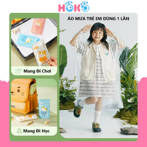Áo mưa giấy dùng 1 lần cho trẻ em HOKO có mũ chống mưa nhỏ gọn mang theo bên mình khi đi học, du lịch tiện lợi
