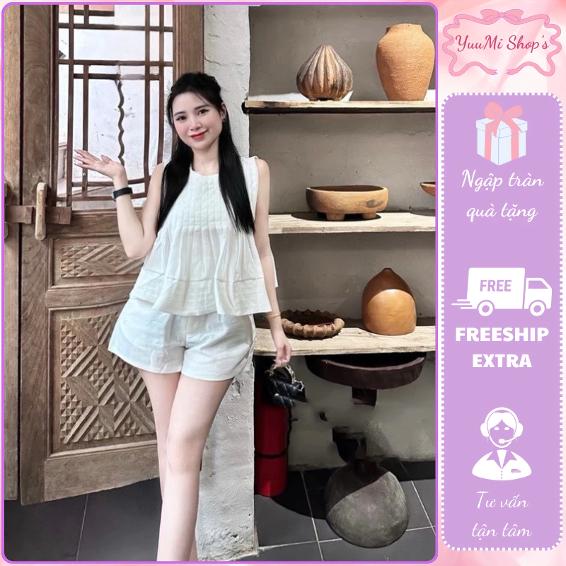 Đồ bộ nữ áo sát nách cổ tròn thiết kế cách điệu xếp ly mix quần short vải lien mềm mại D1547,set đồ nữ trẻ trung YuuMi
