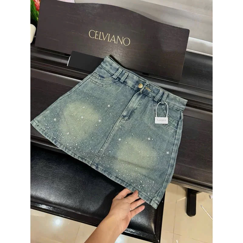 Chân váy Jeans Đính Đá Sao hottrend chất QC Xanh Bụi