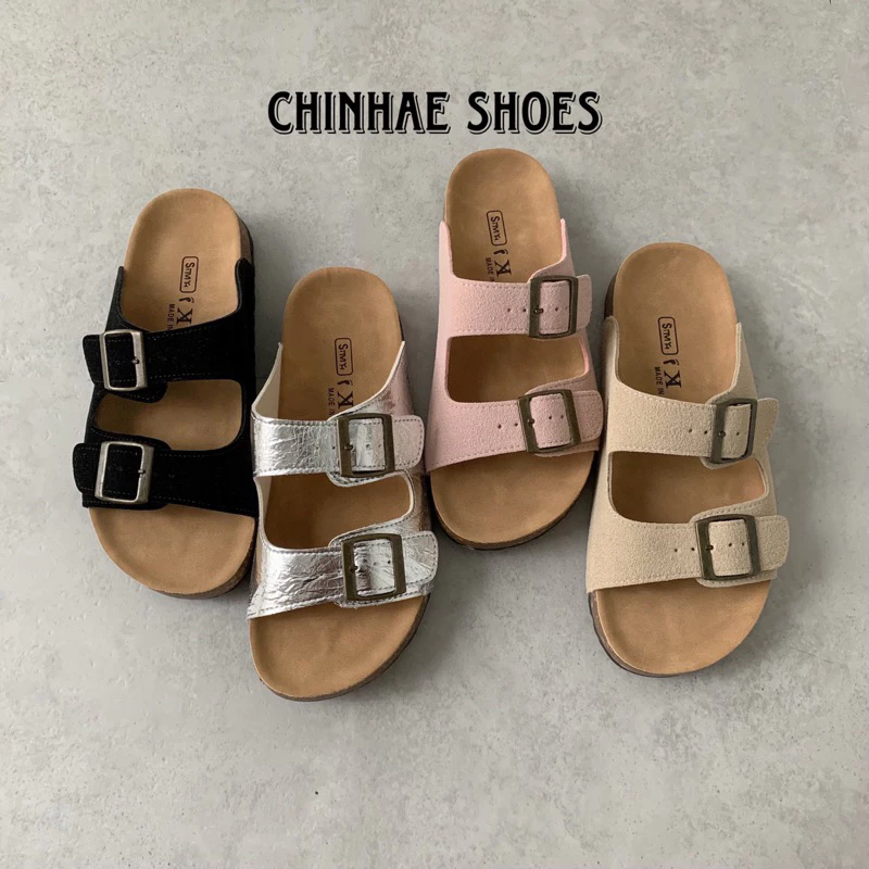 Dép lê quai ngang 2 khoá da lộn đế trấu tăng chiều cao thời trang nữ phong cách trẻ trung đế bằng đi hằng ngày D016