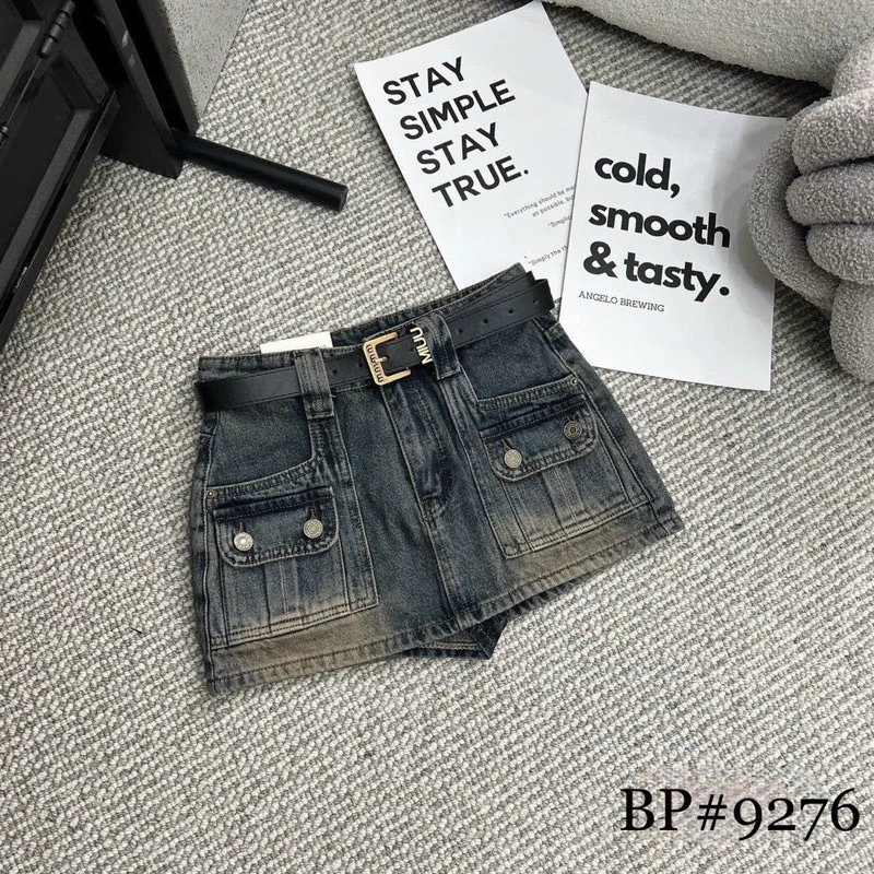 Chân váy Jeans túi hộp kèm đai màu bụi kèm đai vintage