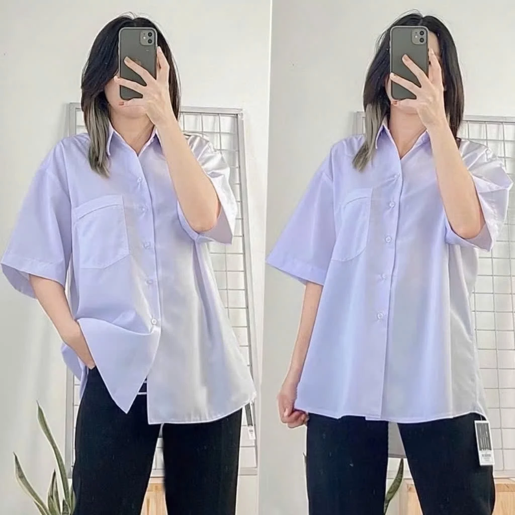 Áo sơ mi nữ học sinh style đi học form rộng, tay lỡ, màu trắng tinh form basic có túi trước ngực