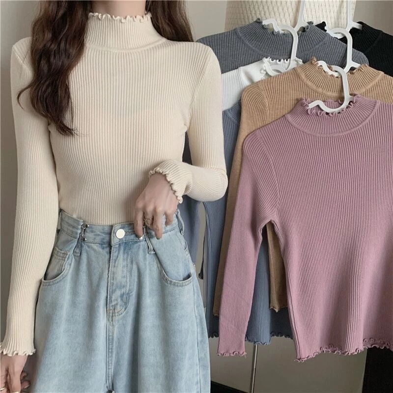 Áo Len Tăm Cổ Sóng Kiểu Dáng ôm Body Siêu Co Dãn Hàng Anna Tay Dài Dễ Phối Đồ Phong Cách Hàn Quốc