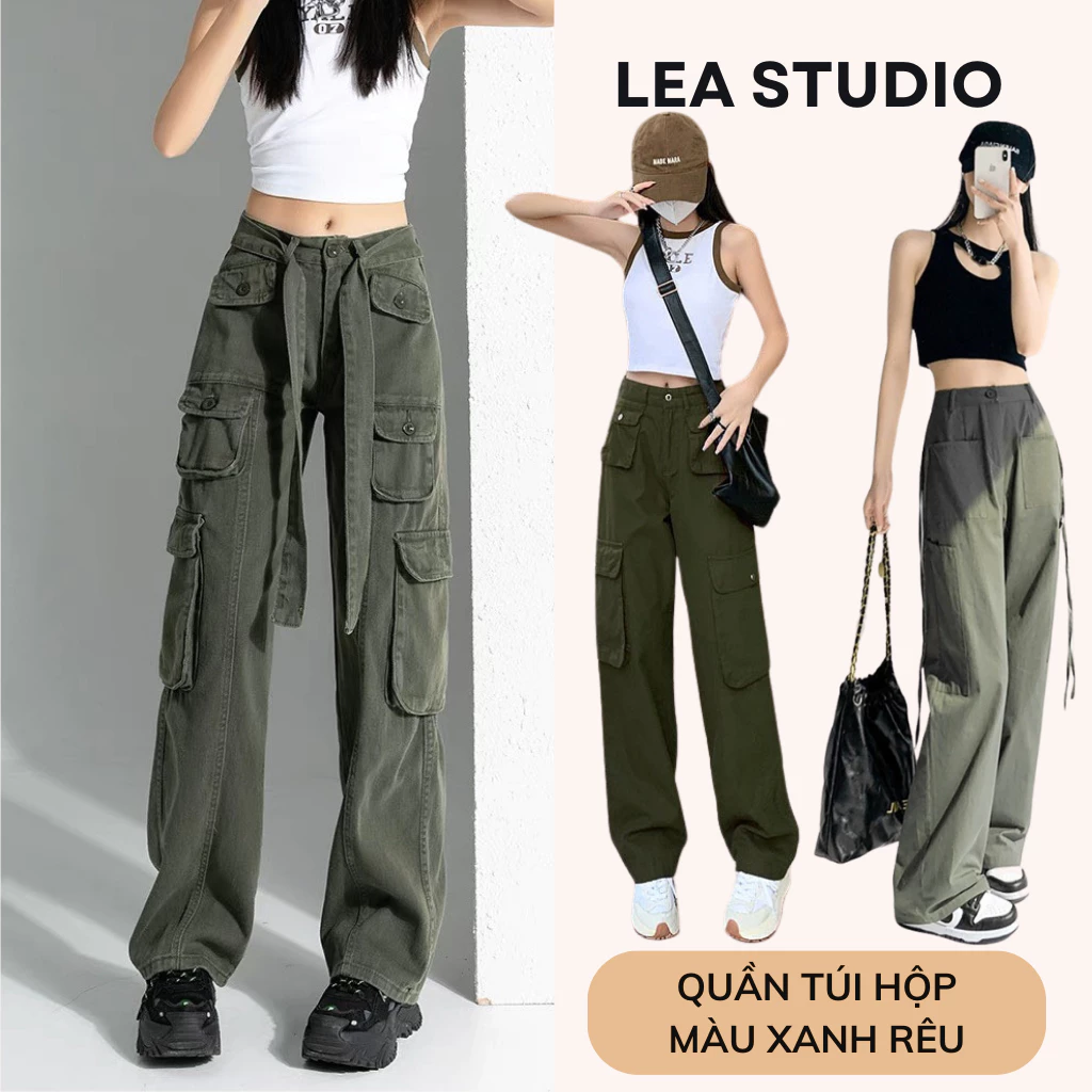 Quần Dài Kaki Túi Hộp Ống Rộng Cotton Cạp Cao, Quần Túi Hộp Nữ Ống Suông Màu XANH RÊU - Lea.stuido