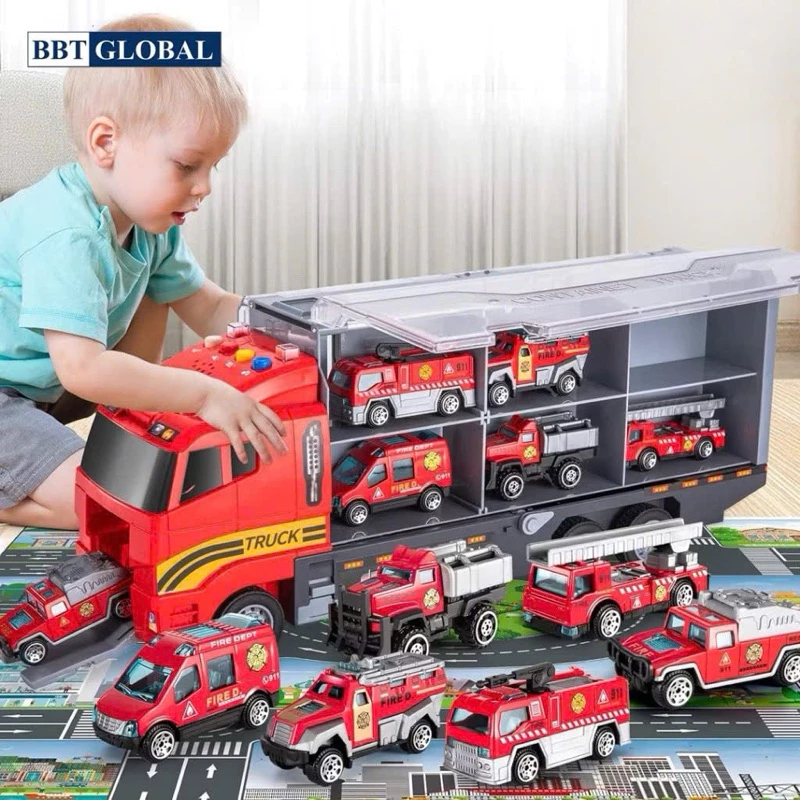 Đồ chơi trẻ em gara oto di động, set xe tải nhiều ngăn 6 in 1, Đồ chơi oto cho bé