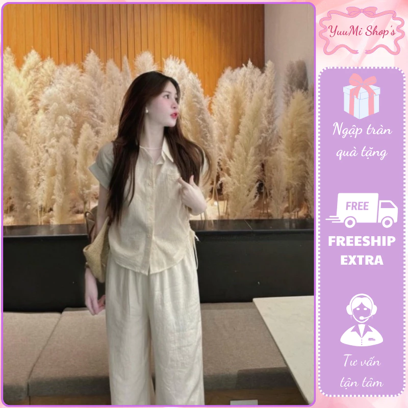 Áo sơ mi nữ cộc tay thiết kế dây rút eo cách điệu tone màu basic siêu xinh phong cách hàn quốc D1634 YuuMi Style