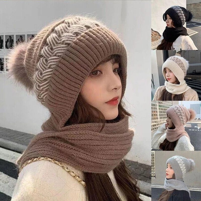 Mũ len nữ trùm đầu mũ dệt kim kèm khăn quàng cổ thời trang hàn quốc ấm áp dễ thương