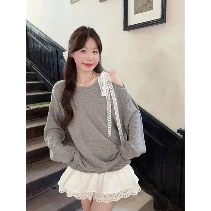 Áo nỉ lệch vai đính nơ,áo sweater kiểu trễ vai có buộc nơ ren chất nỉ bông thoáng mát form rộng