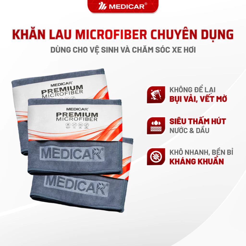KHĂN LAU XE Ô TÔ CAO CẤP Medicar, Chất Liệu MICROFIBER Thấm Hút Mạnh, Sạch, An Toàn Bề Mặt Xe