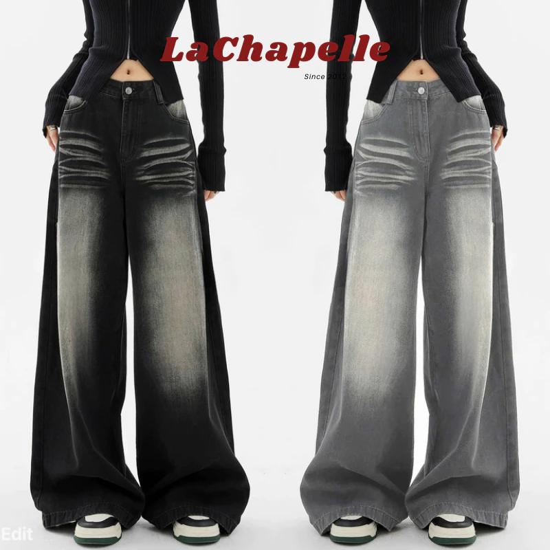 Quần jeans nữ cạp trễ eo ống đứng dáng , quần bò ống đứng dáng suông rộng màu SMOKE LOOSE PLEAT WIDE JEANS