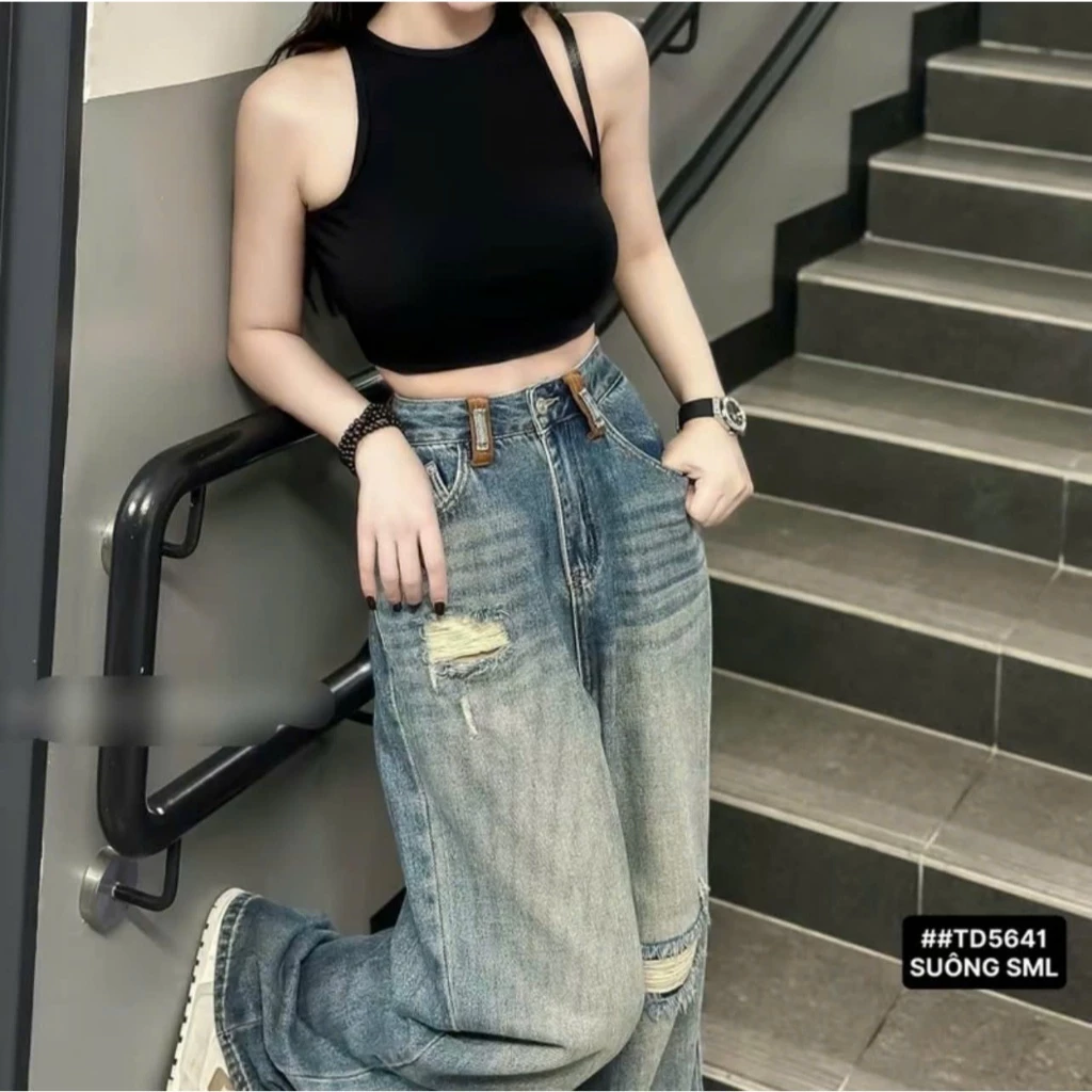 Quần Jeans Nữ Ống Rộng Rách Kiểu Phối Cạp Xinh, Quần Bò Nữ Suông Cạp Cao Phong Cách