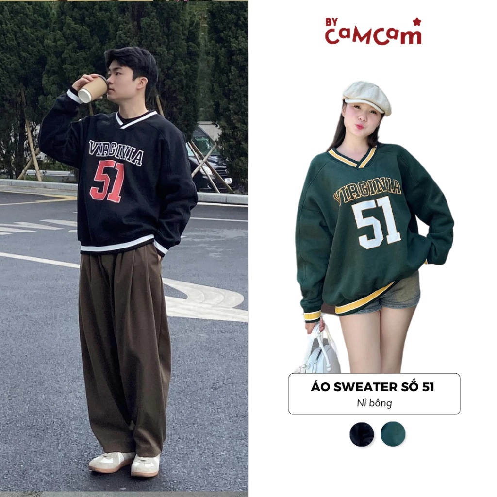 Áo Nỉ Sweater 𝘽𝙮𝘾𝙖𝙢𝙘𝙖𝙢 Số 51 Form Rộng Cổ V Bóng Chày Thể Thao Nam Nữ