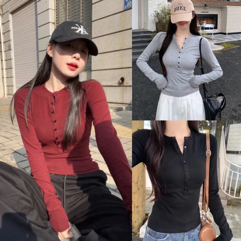 Áo thun nữ dài tay cúc mở dáng ôm body đơn giản dành cho mùa thu, Áo thun tăm ôm basic Bun222