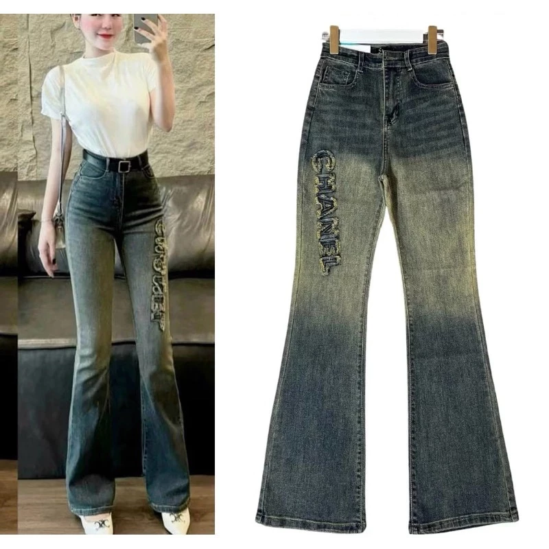 Quần jeans loe đùi thêu nổi màu loang, quần bò nữ ống loe lưng cao co dãn nâng 3 hack dáng mã QL33