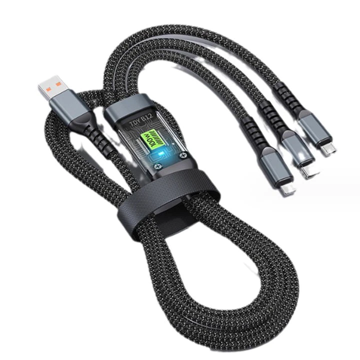 Cáp Sạc Nhanh 3 đầu sạc nhanh Dây Sạc Tự Ngắt Bọc Dù 100W Tích Hợp 3 Cổng Micro Usb Type C 3 In 1