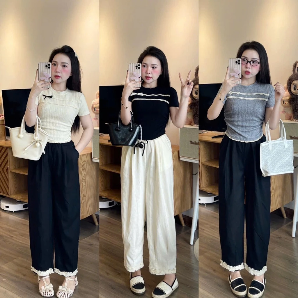 Sét bộ áo kiểu ren,nơ phối quần baggy lai ren trẻ trung thời trang SBNT_0612