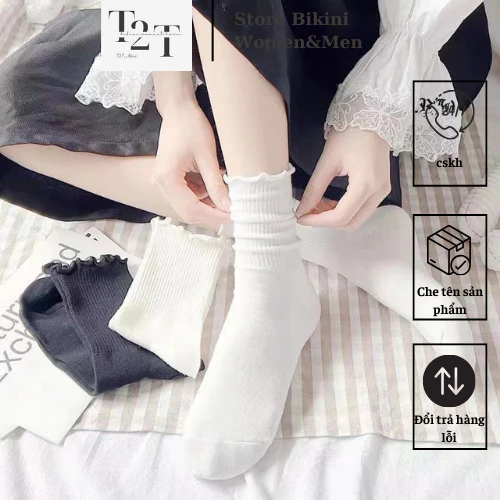 Set 5 đôi Tất Vớ ống giữa ren trắng nữ cổ cao Cách Nhật cả nam và nữ trắng/be/đen giá rẻ bán chạy siêu hot