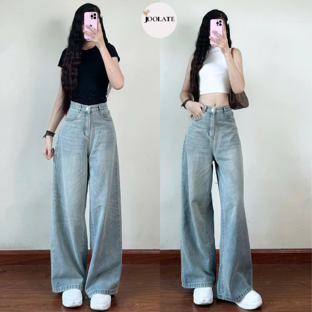 Quần Jean Ống Rộng Cạp Cao Màu Wash Retro Joolate - Quần Bò Ống Suông Thời Trang Nữ, Đủ Màu Mặc Đi Học, Đi Làm