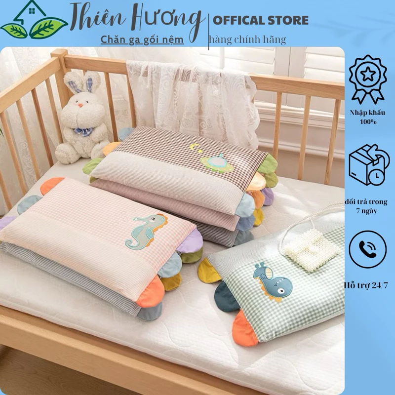 Gối trẻ em cotton thêu hoạ tiết size 30x50cm, Gối cho bé ruột bông massage chống xẹp bông
